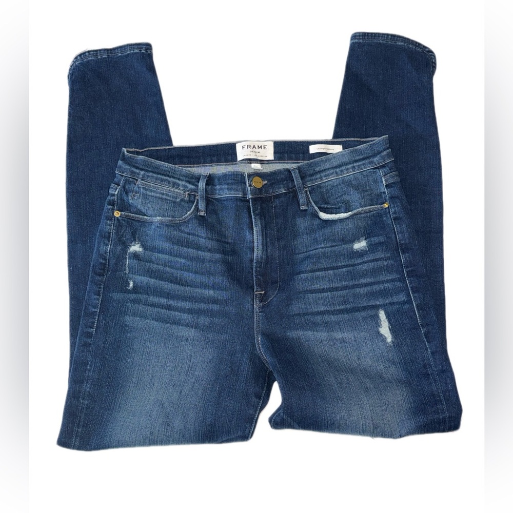 FRAME Le High Skinny Bustle Jeans Size 31 Blue Distressed Curved Slit Hem - Picture 2 of 10